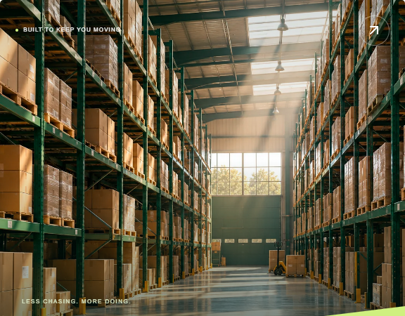 Shelves stocked with supplies inside a warehouse